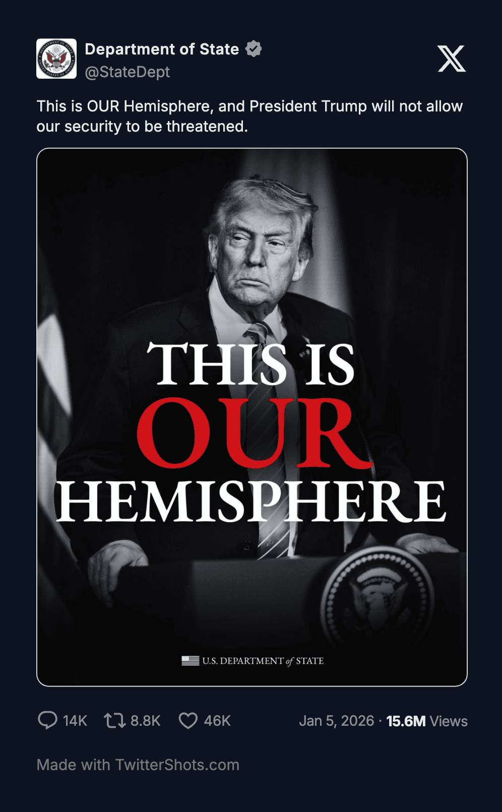 U.S. State Department post on X declaring “This is our hemisphere,” featuring Donald Trump, January 5, 2026.